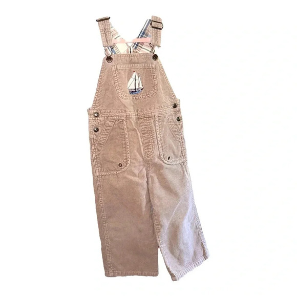 Janie And Jack Toddler Boys Brown Corduroy Sailboat Plaid Overalls. Size… - Picture 1 of 7
